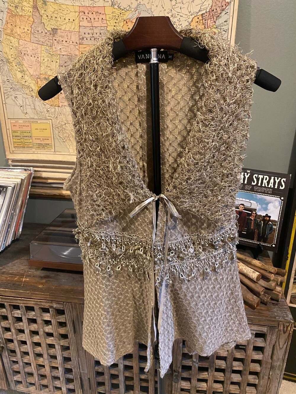 Vandana Metallic Gold Openwork Crochet Vest with Fringe Details